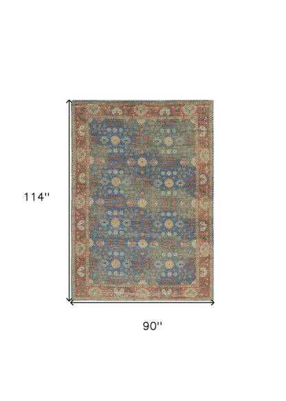 5' X 7' Blue Red And Beige Floral Medallion Hand Woven Distressed Area Rug