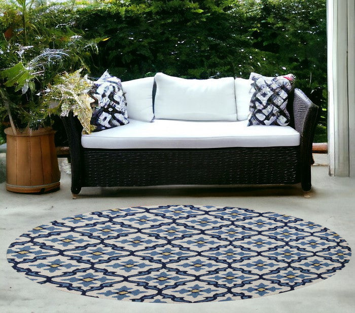 5' X 7' Ivory Or Blue Geometric Mosaic Indoor Outdoor Area Rug