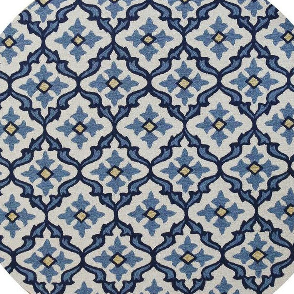 5' X 7' Ivory Or Blue Geometric Mosaic Indoor Outdoor Area Rug