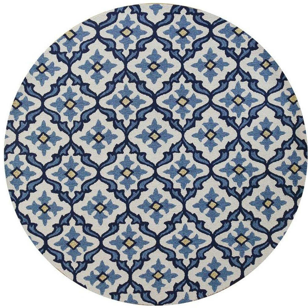 5' X 7' Ivory Or Blue Geometric Mosaic Indoor Outdoor Area Rug