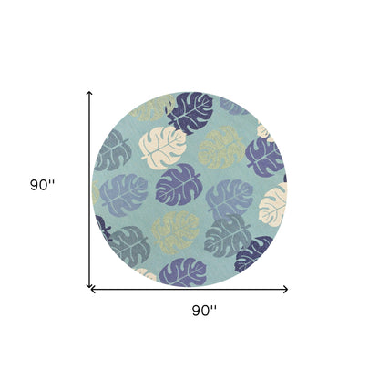 7' X 9' Turquoise And Ivory Botanical Leaves Hand Tufted Area Rug