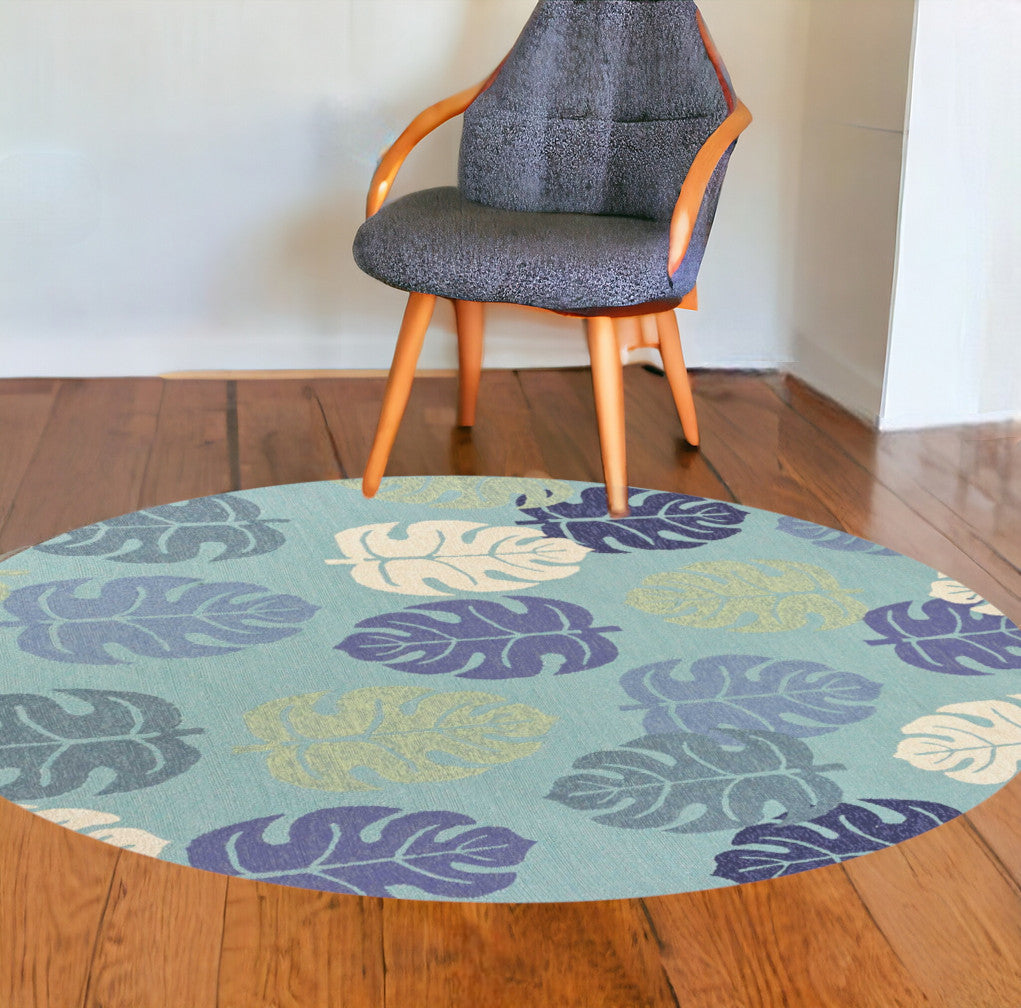 7' Round Uv Treated Polypropylene Turquoise Area Rug