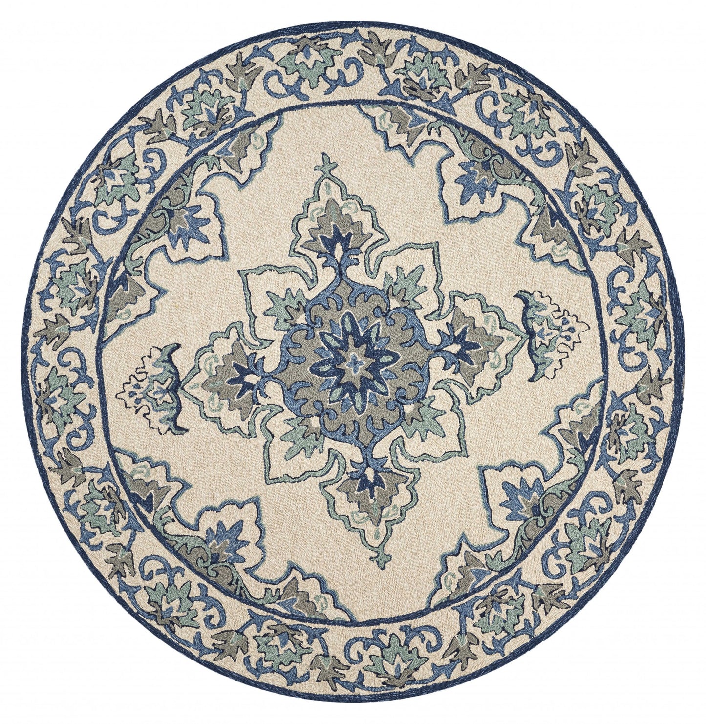 5' X 8' Ivory and Blue Damask Handmade Indoor Outdoor Area Rug