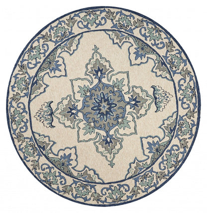 5' X 8' Ivory And Blue Damask Indoor Outdoor Area Rug