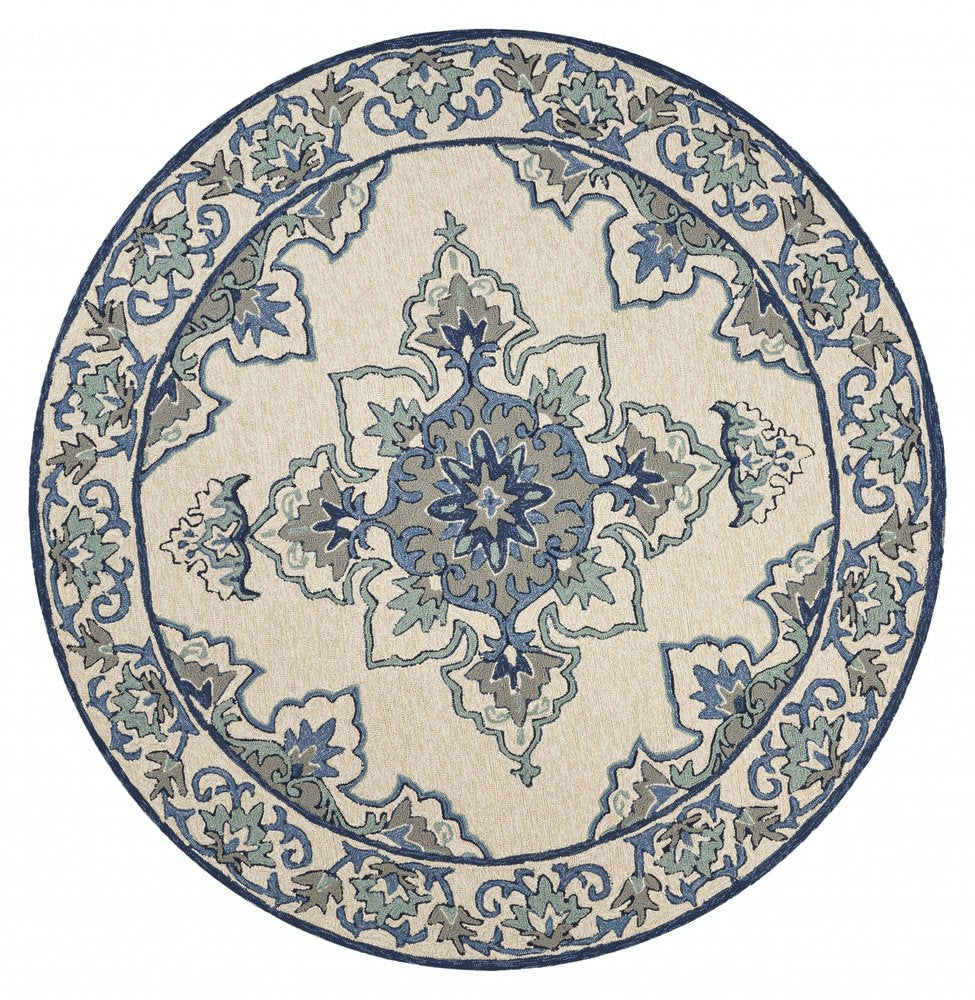 5' X 8' Ivory And Blue Damask Indoor Outdoor Area Rug