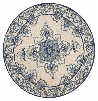 5' X 8' Ivory And Blue Damask Indoor Outdoor Area Rug