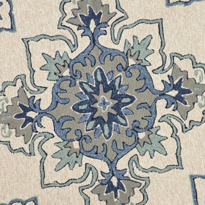 5' X 8' Ivory And Blue Damask Indoor Outdoor Area Rug