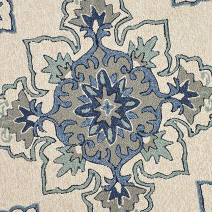 5' X 8' Ivory And Blue Damask Indoor Outdoor Area Rug