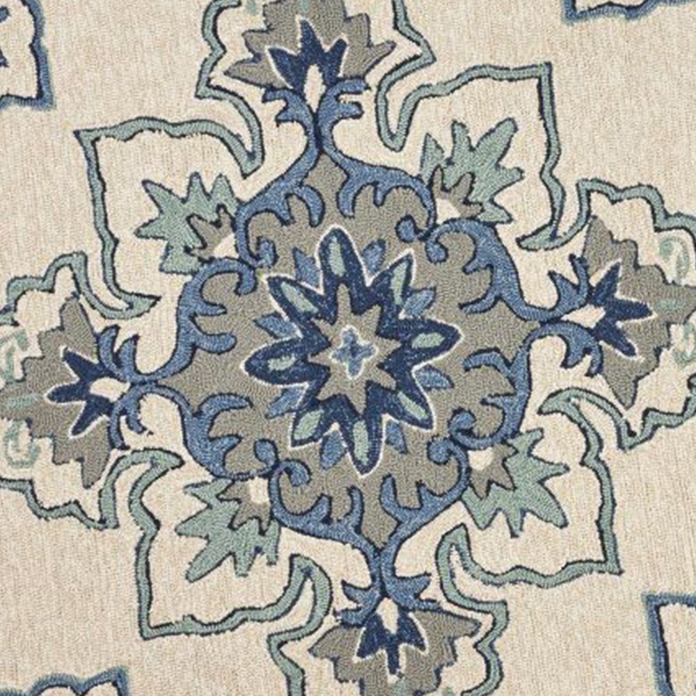 5' X 8' Ivory And Blue Damask Indoor Outdoor Area Rug