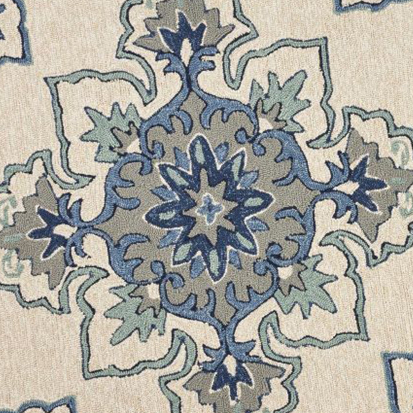 5' X 8' Ivory and Blue Damask Handmade Indoor Outdoor Area Rug