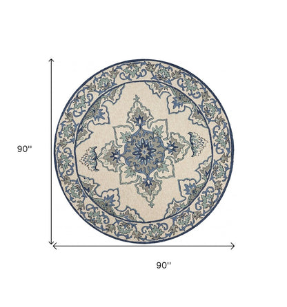 5' X 8' Ivory And Blue Damask Indoor Outdoor Area Rug
