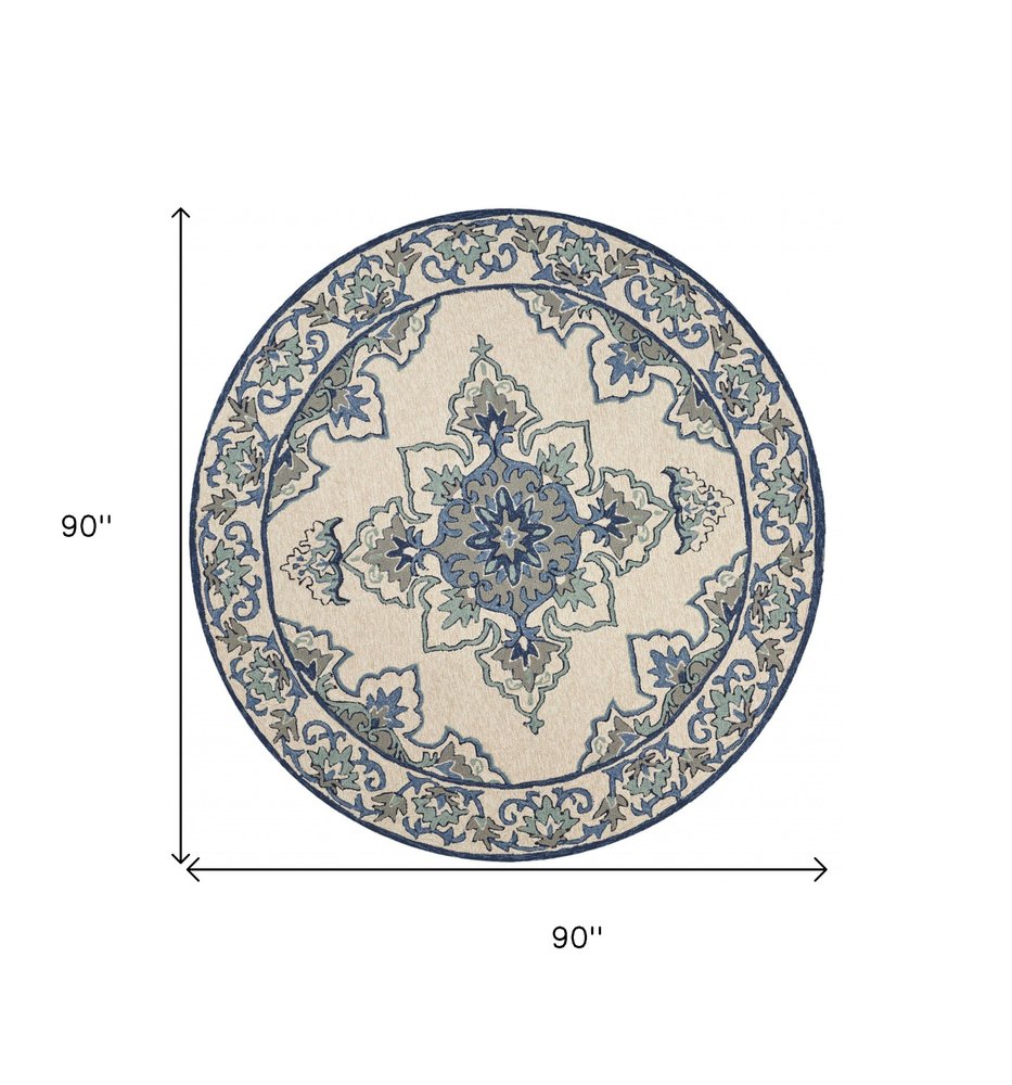 5' X 8' Ivory And Blue Damask Indoor Outdoor Area Rug