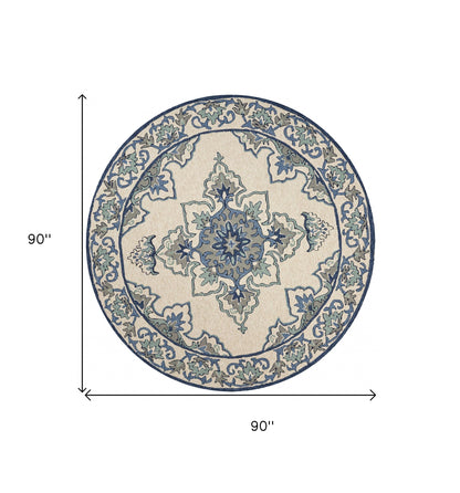 5' X 8' Ivory And Blue Damask Indoor Outdoor Area Rug