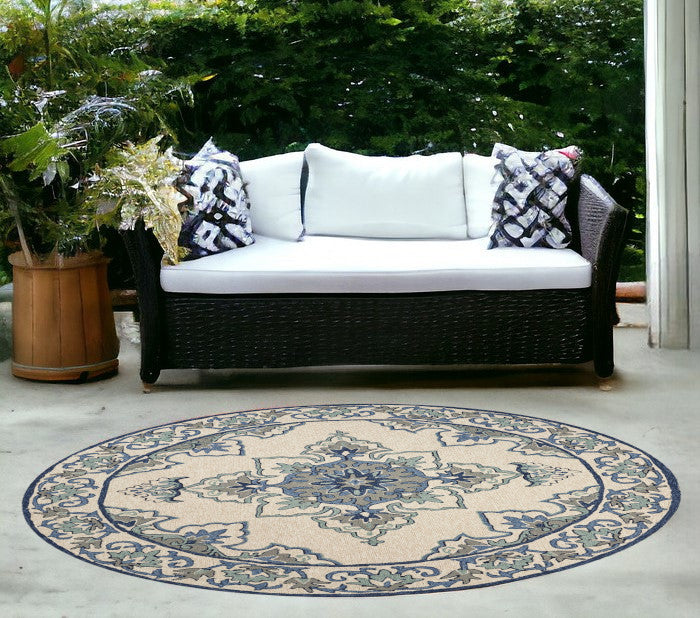 5' X 8' Ivory and Blue Damask Handmade Indoor Outdoor Area Rug