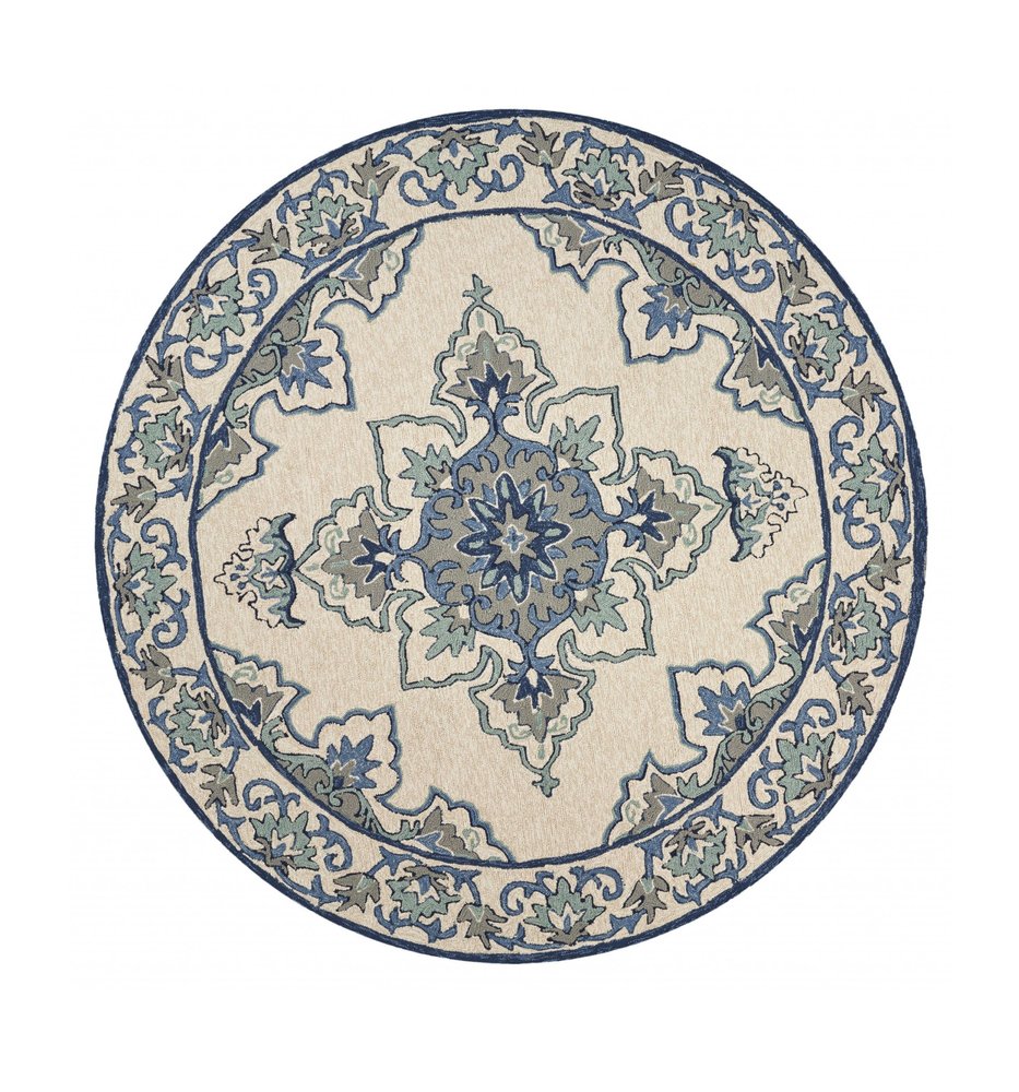 5' X 8' Ivory And Blue Damask Indoor Outdoor Area Rug