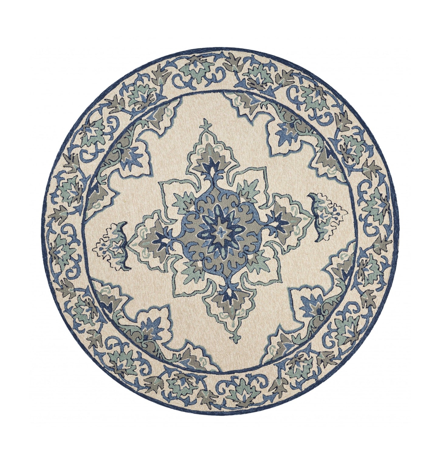 5' X 8' Ivory and Blue Damask Handmade Indoor Outdoor Area Rug