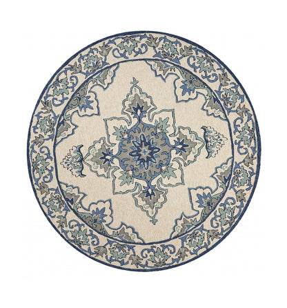 5' X 8' Ivory And Blue Damask Indoor Outdoor Area Rug