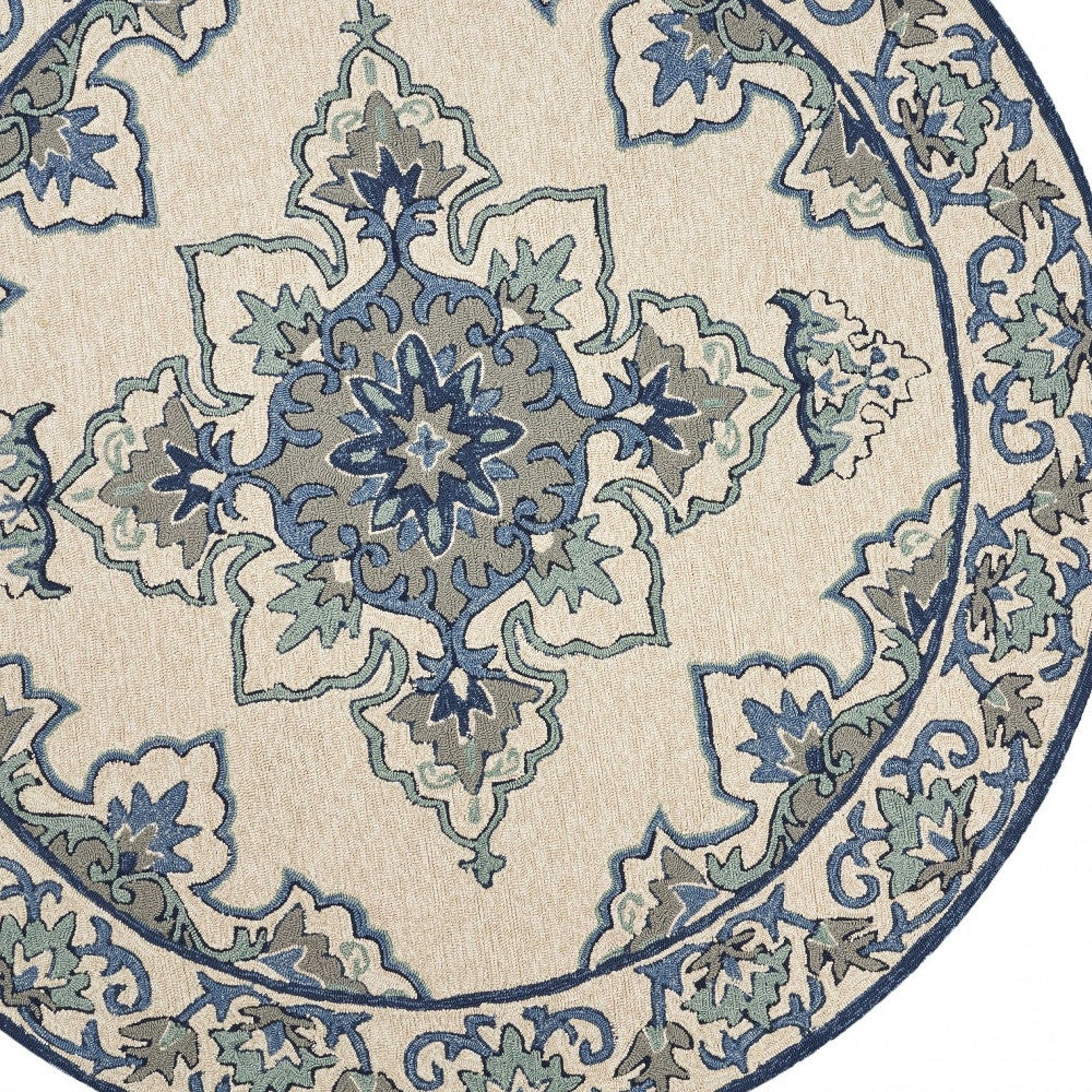 5' X 8' Ivory And Blue Damask Indoor Outdoor Area Rug