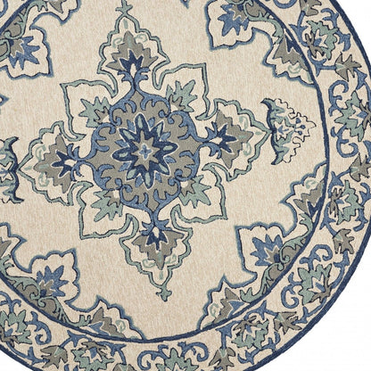 5' X 8' Ivory And Blue Damask Indoor Outdoor Area Rug