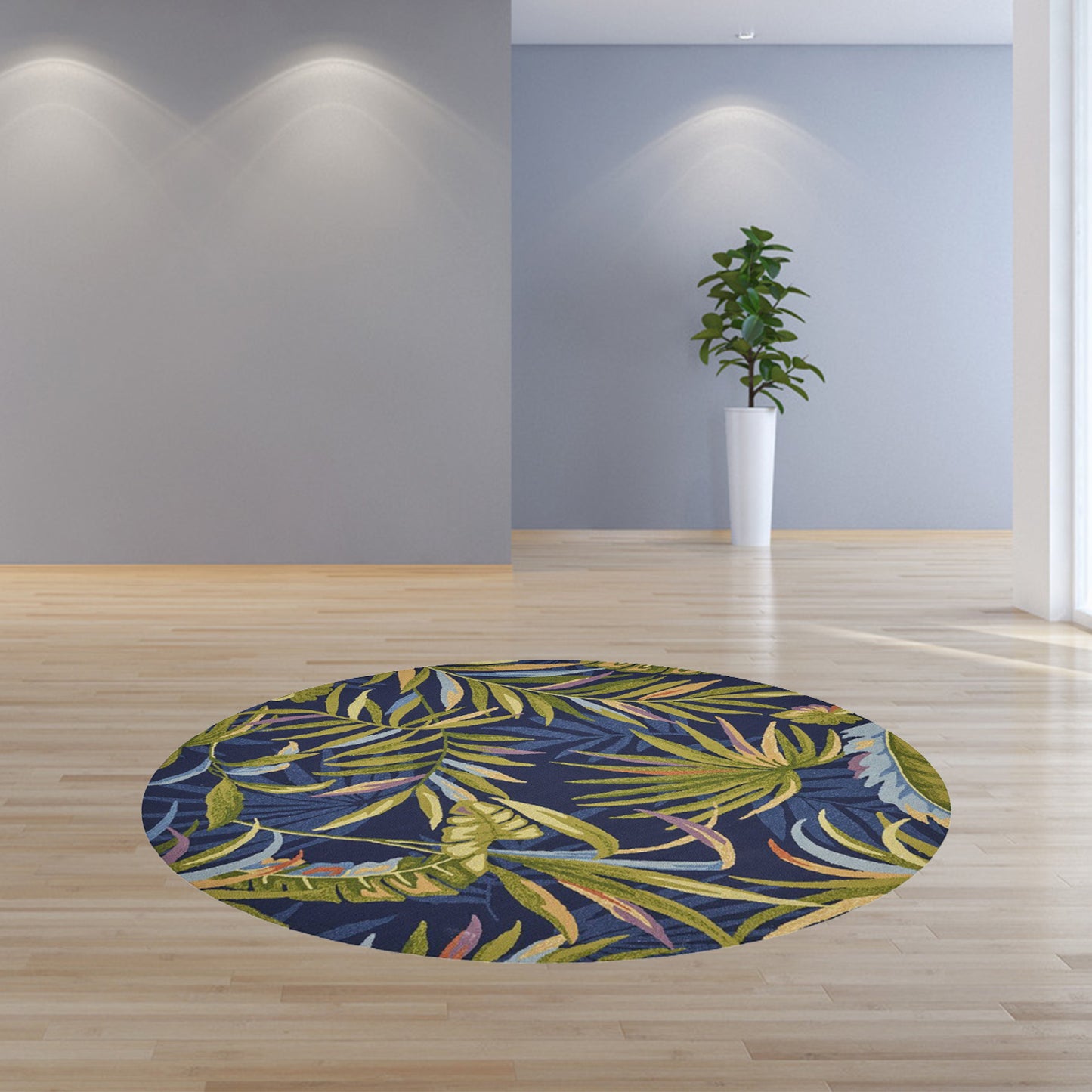 5' X 7' Ink Blue Tropical Leaves Uv Treated Indoor Outdoor Area Rug