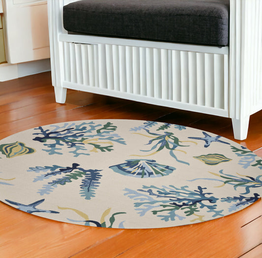 2' X 3' Ivory and Blue Seashell and Coral Hand Tufted Area Rug