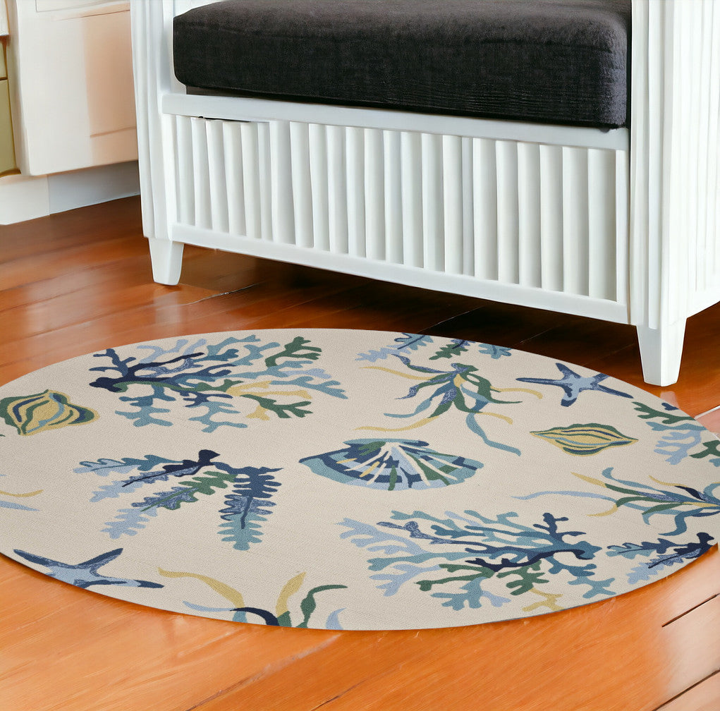 7' Round Uv Treated Polypropylene Ivory Or Blue Area Rug