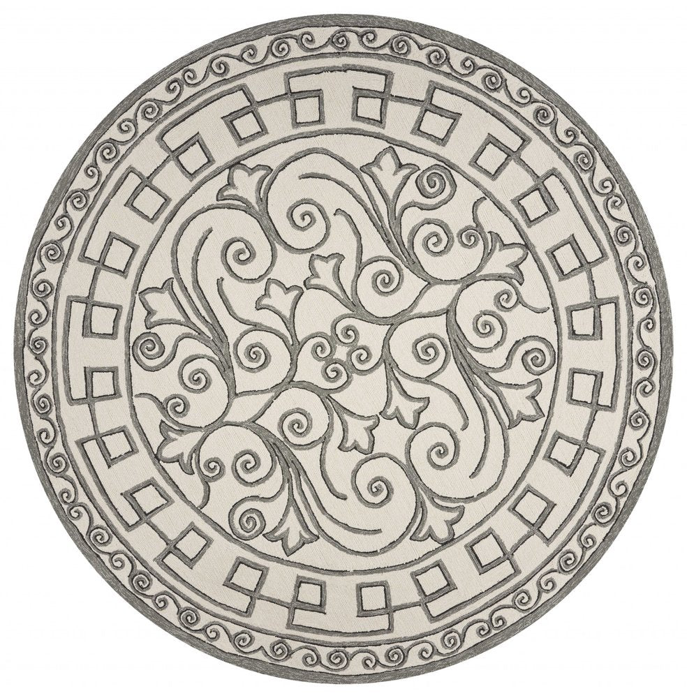 8' Gray And Ivory Round Damask Indoor Outdoor Area Rug