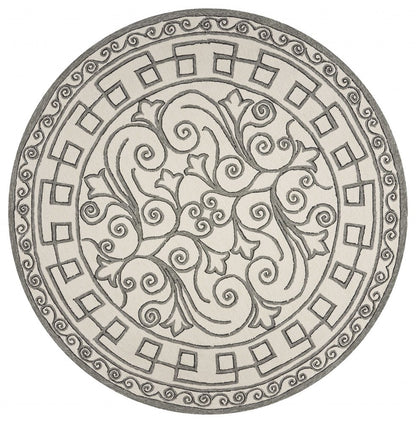 8' Gray And Ivory Round Damask Indoor Outdoor Area Rug
