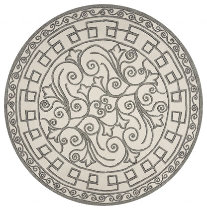 8' Gray And Ivory Round Damask Indoor Outdoor Area Rug