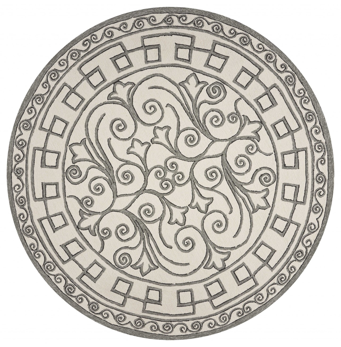 8' Gray And Ivory Round Damask Indoor Outdoor Area Rug