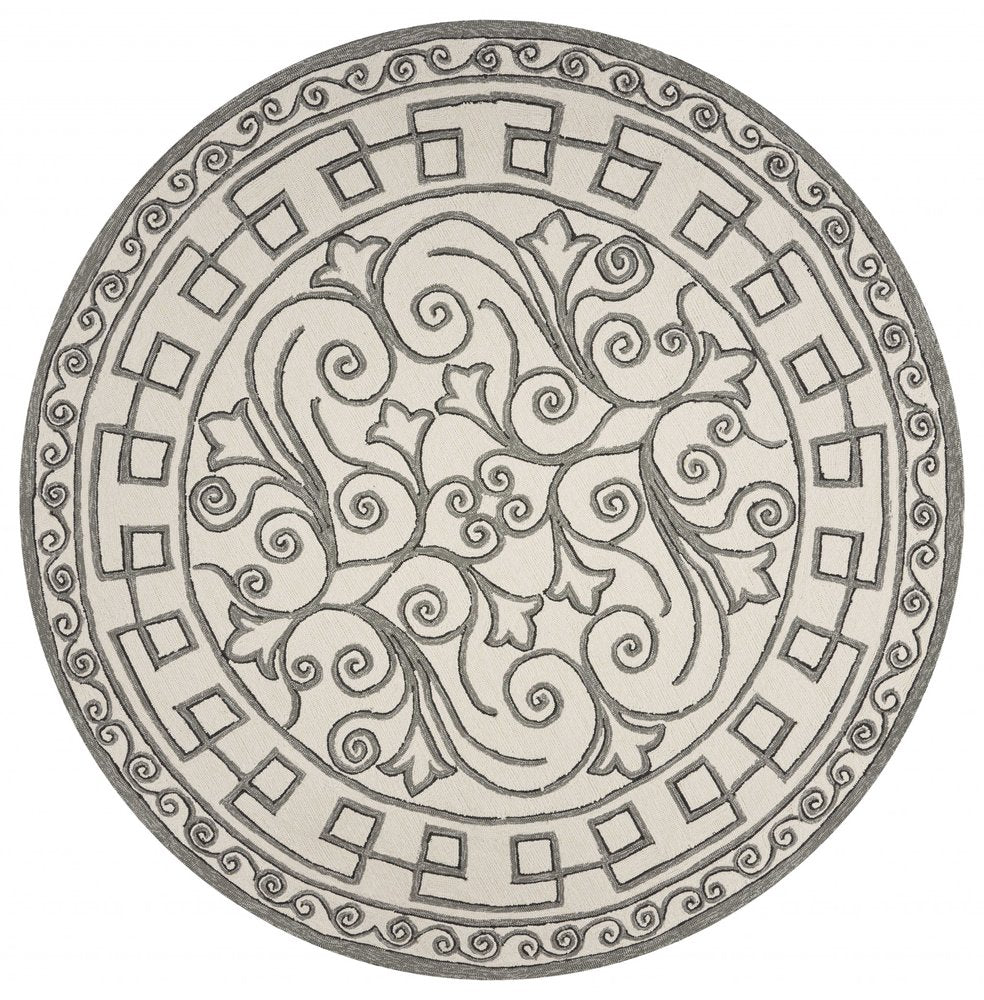 8' Gray And Ivory Round Damask Indoor Outdoor Area Rug