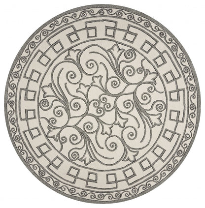 8' Gray And Ivory Round Damask Indoor Outdoor Area Rug