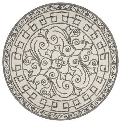 8' Gray And Ivory Round Damask Indoor Outdoor Area Rug