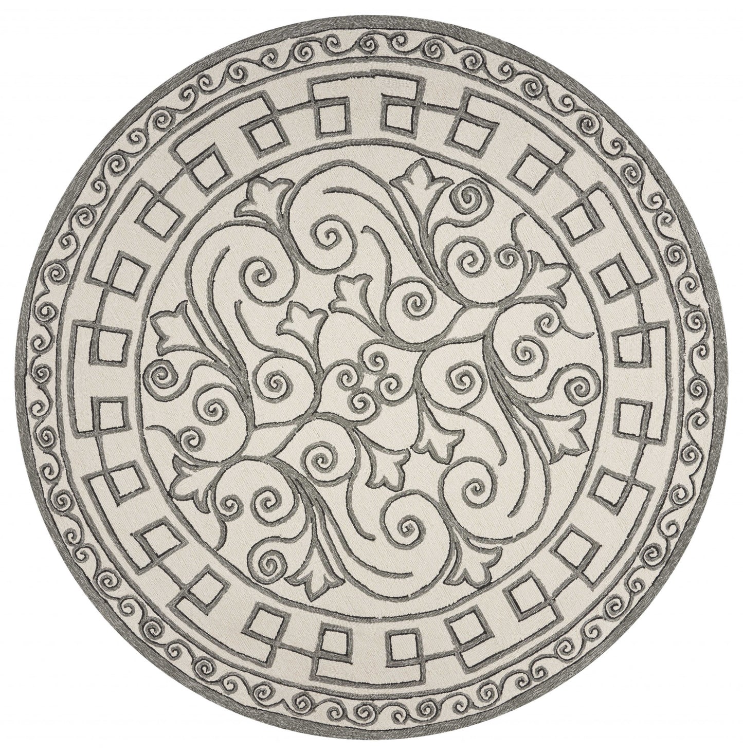 8' Gray And Ivory Round Damask Indoor Outdoor Area Rug