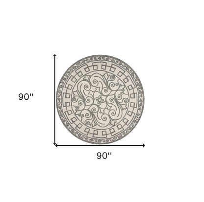 8' Gray And Ivory Round Damask Indoor Outdoor Area Rug