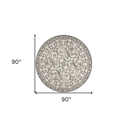 8' Gray And Ivory Round Damask Indoor Outdoor Area Rug