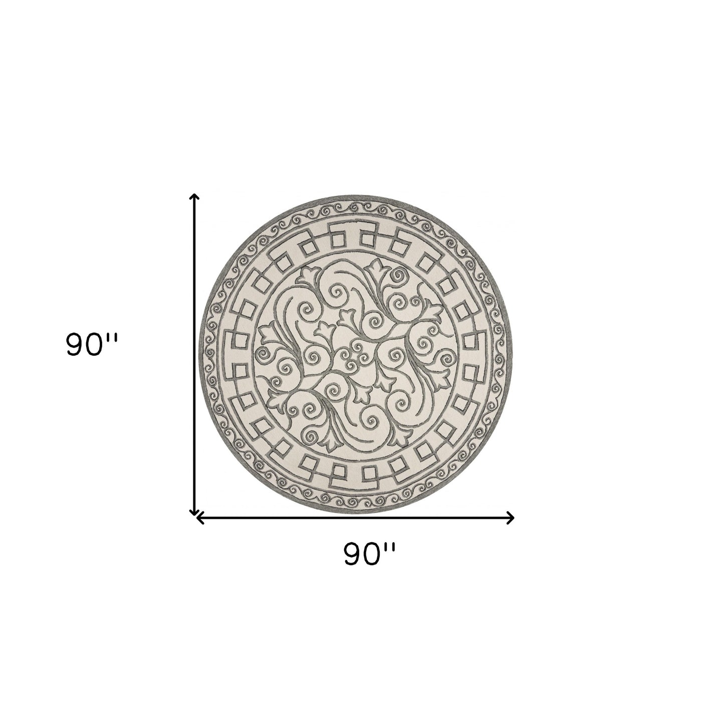 8' Gray And Ivory Round Damask Indoor Outdoor Area Rug