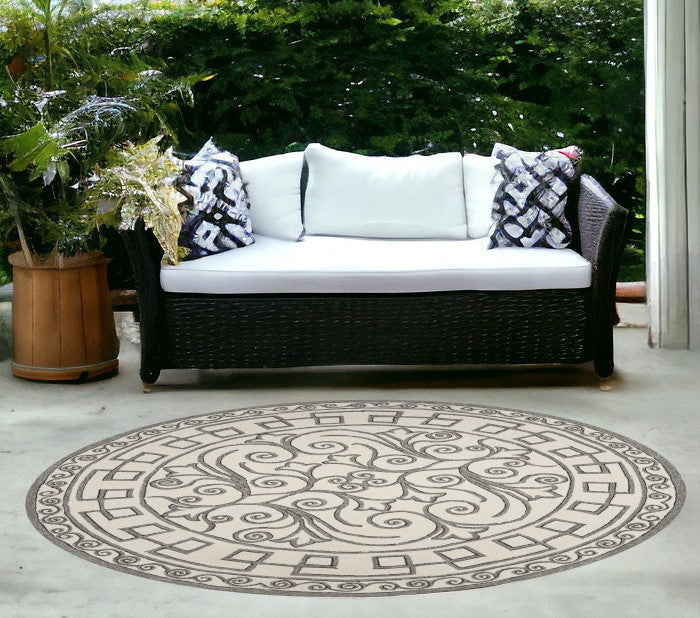 8' Gray And Ivory Round Damask Indoor Outdoor Area Rug
