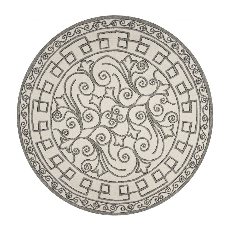 8' Gray And Ivory Round Damask Indoor Outdoor Area Rug