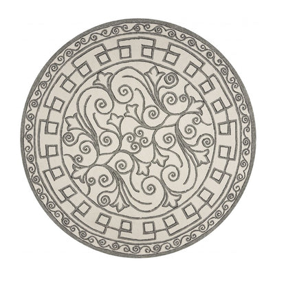 8' Gray And Ivory Round Damask Indoor Outdoor Area Rug