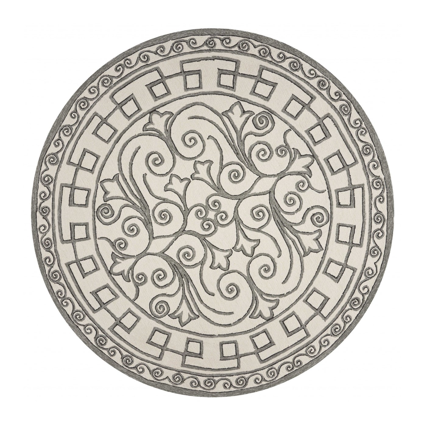 8' Gray And Ivory Round Damask Indoor Outdoor Area Rug