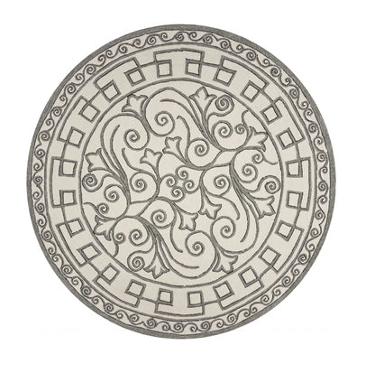 8' Gray And Ivory Round Damask Indoor Outdoor Area Rug