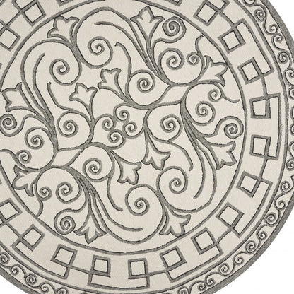 8' Gray And Ivory Round Damask Indoor Outdoor Area Rug