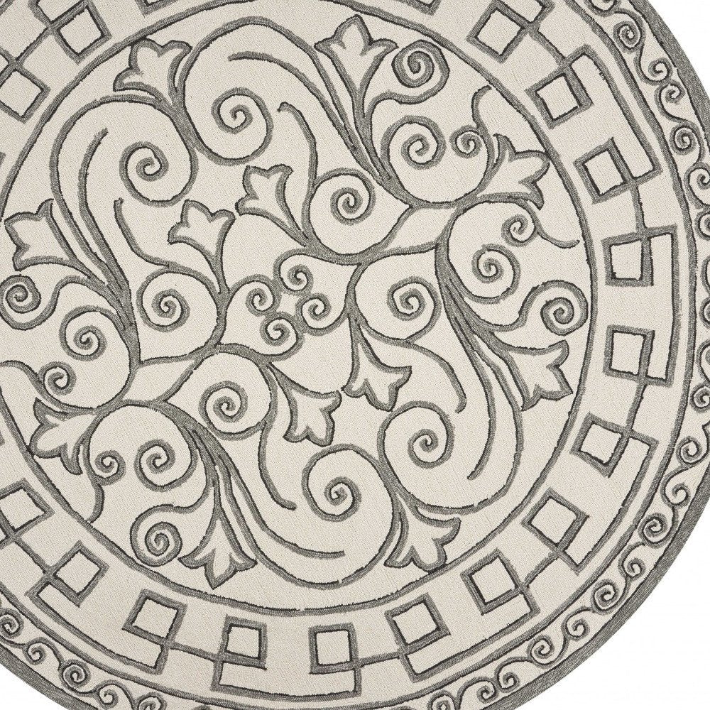 8' Gray And Ivory Round Damask Indoor Outdoor Area Rug