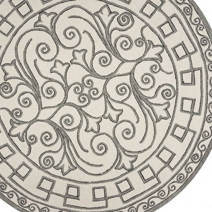 8' Gray And Ivory Round Damask Indoor Outdoor Area Rug