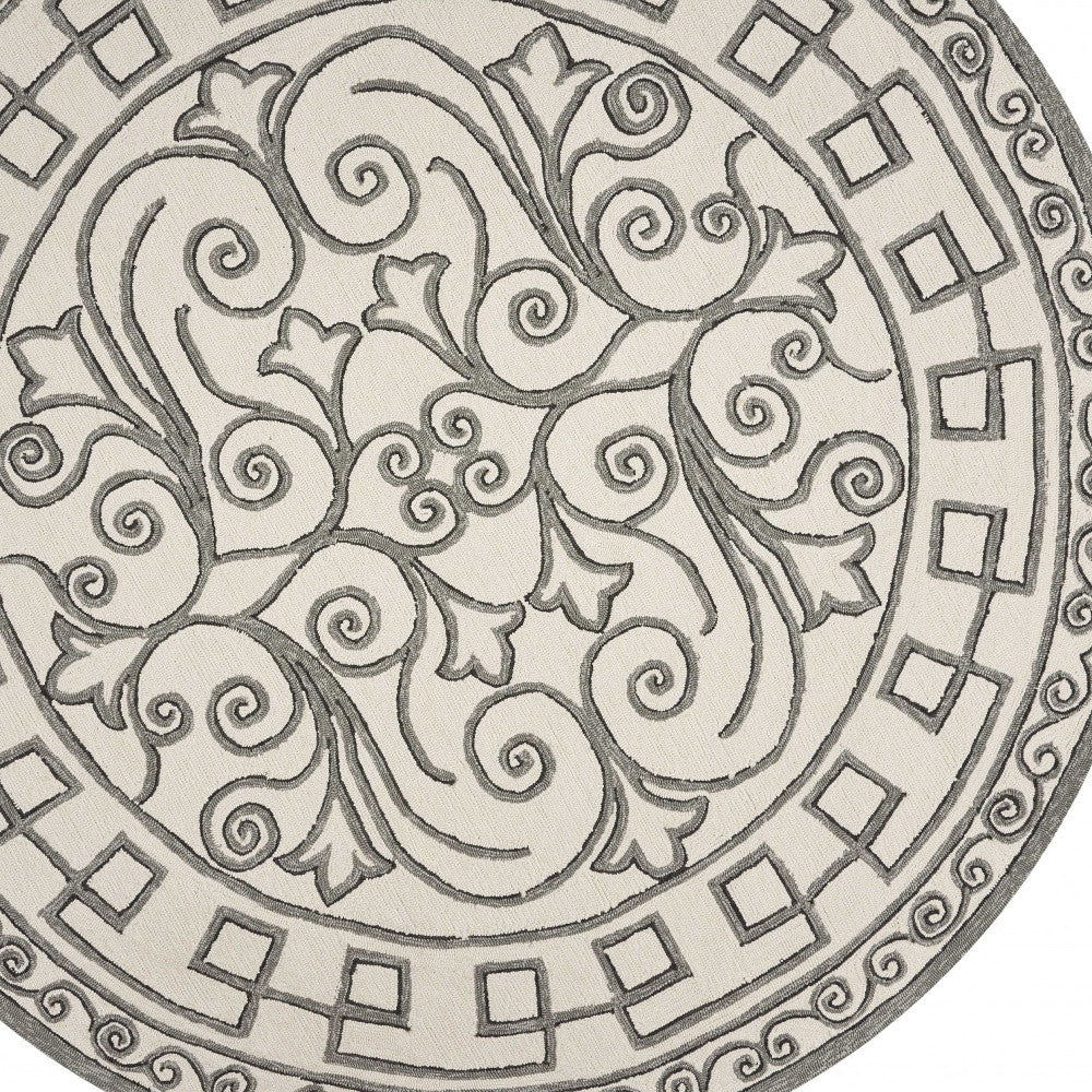 8' Gray And Ivory Round Damask Indoor Outdoor Area Rug
