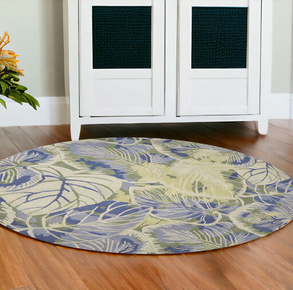 2' X 10' Blue Or Green Oversized Leaves Wool Indoor Runner Rug