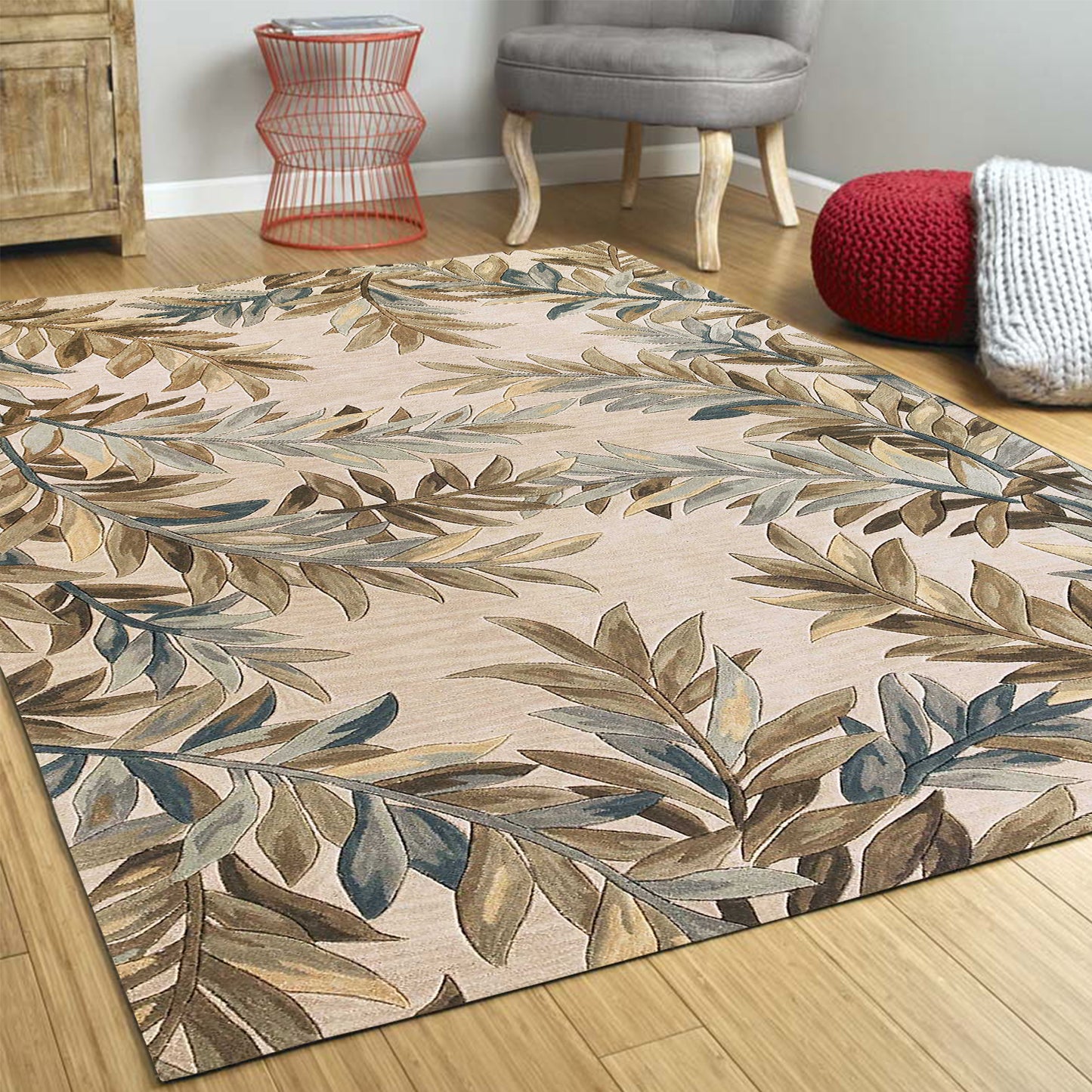 5' X 8' Ivory Hand Tufted Pinnate Fronds Indoor Area Rug