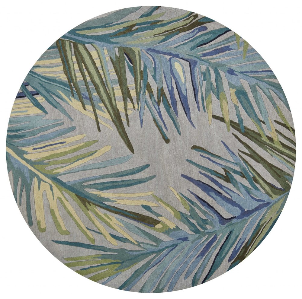 10' Gray And Blue Wool Tropical Botanical Hand Tufted Runner Rug