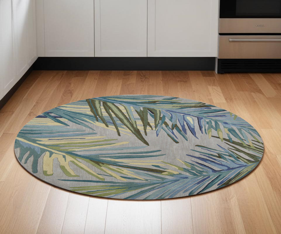 4' X 6' Grey Blue Hand Tufted Tropical Palms Indoor Area Rug